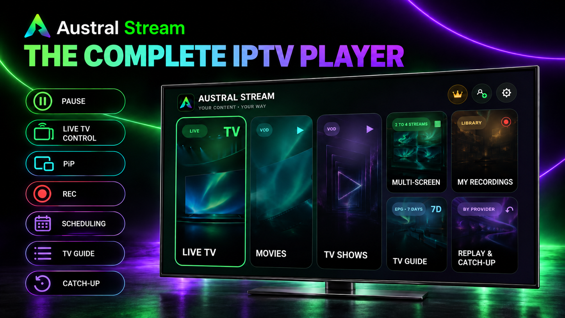 Austral Stream complete IPTV player with pause, live TV control, PiP, recording, scheduling, TV guide and catch-up