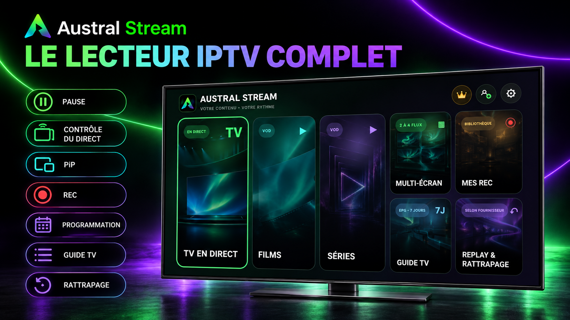 Austral Stream, le lecteur IPTV complet avec pause, contrôle du direct, PiP, REC, programmation, guide TV et rattrapage