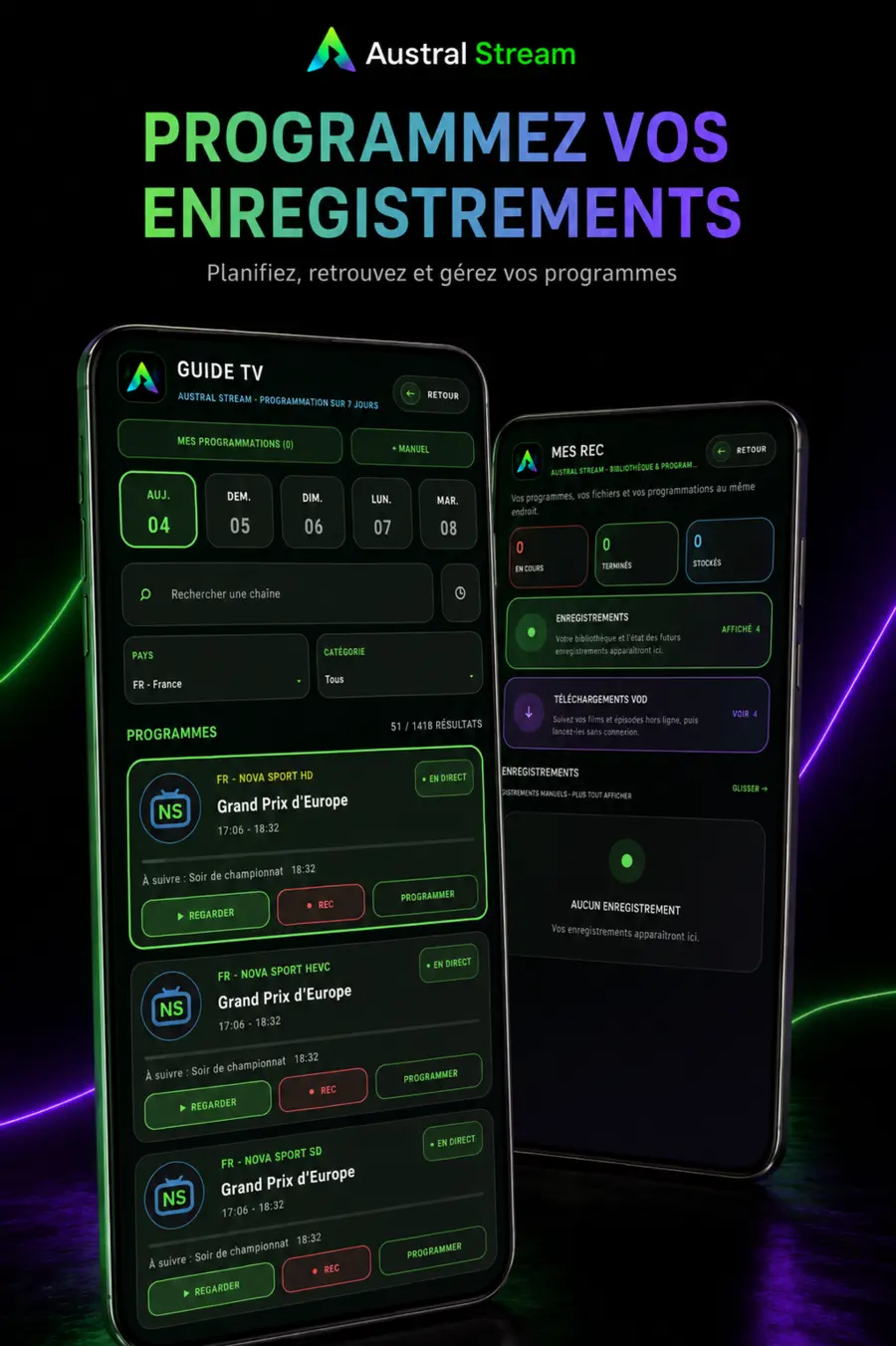 Programmation des enregistrements dans Austral Stream